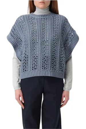 Brunello Cucinelli Truien, Dames, Blauw, S, Katoen, Mouwloze Gebreide Katoenen Trui