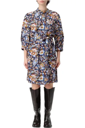 A.P.C. Kleedjes, Dames, Veelkleurig, M, Katoen, Blauwe Bloemen A-Lijn Jurk