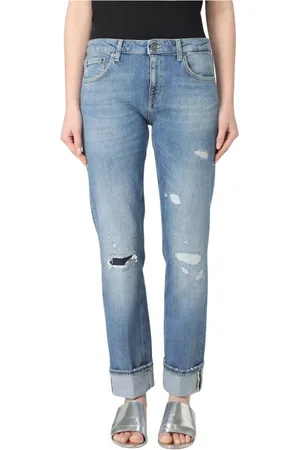 Dondup Jeans, Dames, Blauw, W26, Versleten omgeslagen Boyfriend Jeans