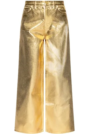 Ganni Broeken, Dames, Geel, W27, Denim, Metallic Effect Wide Leg Denim Jeans