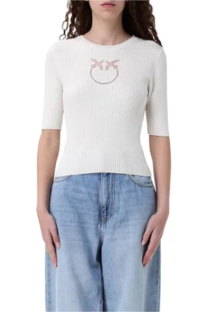 Pinko Truien, Dames, Wit, XS, Katoen, Geribbelde Gebreide Smiley Face Trui