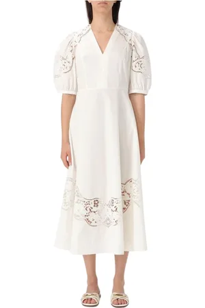 Twin-Set Kleedjes, Dames, Wit, L, Katoen, Elegante Witte Midi Jurk