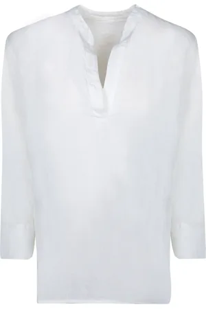 120% Lino Blouses & Shirts, Dames, Wit, XL, Linnen, Witte Linnen V-hals Blouse