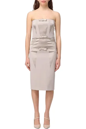 Elisabetta Franchi Kleedjes, Dames, Grijs, M, Satijn, Grijze Satijnen Midi Jurk met Strik