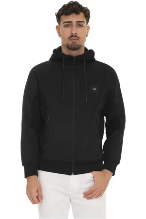HUGO BOSS Jassen, Heren, Zwart, XL, Katoen, Geribbelde Hoodie met Ritszakken