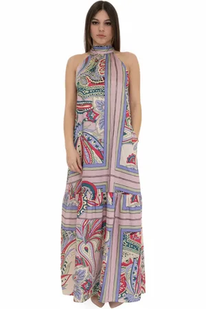 Liu Jo Kleedjes, Dames, Veelkleurig, S, Polyester, Foulard Print Strik Kraag Avondjurk