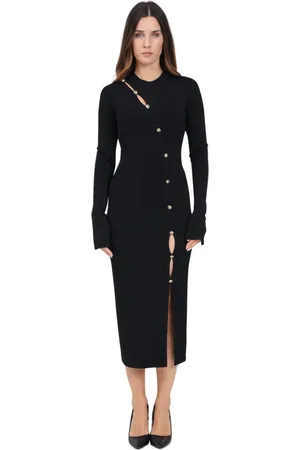 VERSACE Kleedjes, Dames, Zwart, M, Zwarte Midi Jurk met Gouden Knopen
