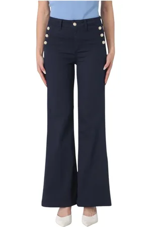 Liu Jo Broeken, Dames, Blauw, W28, Katoen, Witte Wijde Pijp Knoopbroek