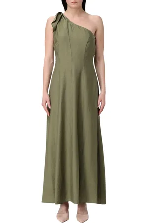HANITA Kleedjes, Dames, Groen, M, Linnen, Elegante One Shoulder Maxi Jurk