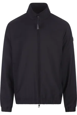 Moncler Jassen, Heren, Blauw, L, Wol, Blauwe wollen jas met leren logo