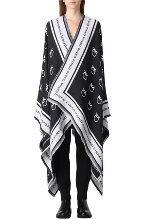 Pinko Jassen, Dames, Zwart, ONE Size, Wol, Zwarte Franje Poncho Cape