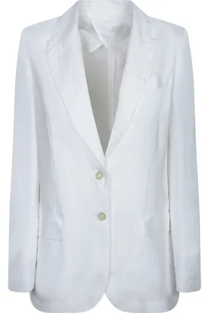 120% Lino Jassen, Dames, Wit, L, Leer, Witte linnen jas, Elegant getailleerd