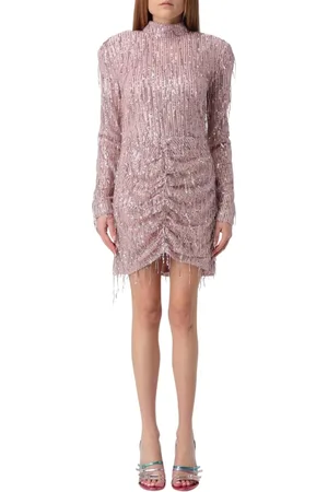 ROTATE Kleedjes, Dames, Roze, S, Pailletten, Roze Sequin Mini Jurk met Ruched Fringe
