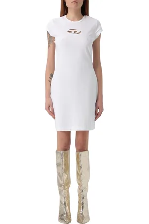Diesel Kleedjes, Dames, Wit, M, Katoen, Zwart Logo TShirt Jurk