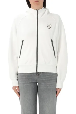 Brunello Cucinelli Sweatshirts & Hoodies, Dames, Wit, M, Katoen, Logo Patch Zip Up Hoodie