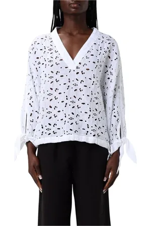 120% Lino Blouses & Shirts, Dames, Wit, M, Linnen, Blouse met geborduurde oogjes en strikmanchetten