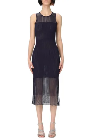 Pinko Kleedjes, Dames, Blauw, M, Geribbelde Gebreide Midi Jurk Transparant Paneel