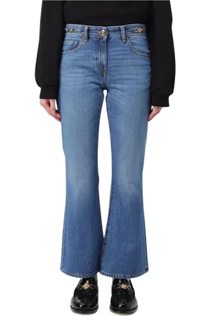 VERSACE Jeans, Dames, Blauw, W28, Katoen, Elegante Blauwe Flared Jeans met Medusa Tailleband
