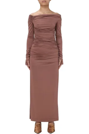 Helmut Lang Kleedjes, Dames, Roze, S, Elegante Off-Shoulder Maxi Jurk
