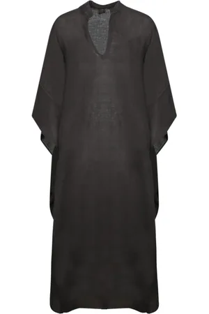 120% Lino Kleedjes, Dames, Zwart, M, Linnen, Zwarte Linnen Kaftan Jurk