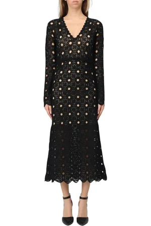 Twin-Set Kleedjes, Dames, Zwart, S, Katoen, Elegante Zwarte Midi Jurk