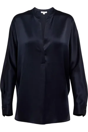 Vince Blouses & Shirts, Dames, Blauw, S, Stijlvolle Bandkraag Blouse