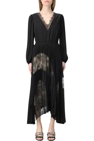 Twin-Set Kleedjes, Dames, Zwart, S, Chiffon, Elegante Kant Midi Jurk Zwart