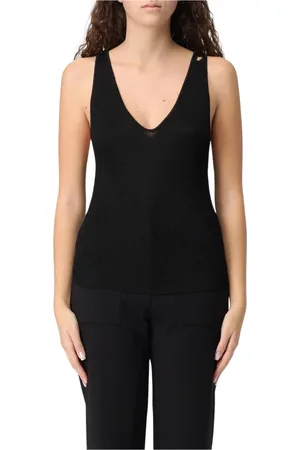 Elisabetta Franchi Tops, Dames, Zwart, S, Zwarte Geribbelde Mouwloze V-hals Top