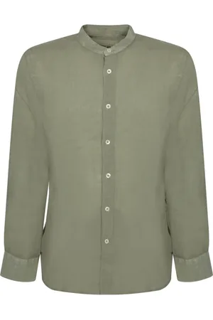 120% Lino Overhemden, Heren, Groen, L, Linnen, Mandarijn Kraag Linnen Shirt