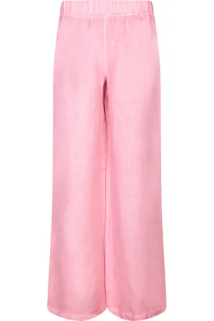 120% Lino Broeken, Dames, Roze, L, Linnen, Geranium Linnen Wijde Broek