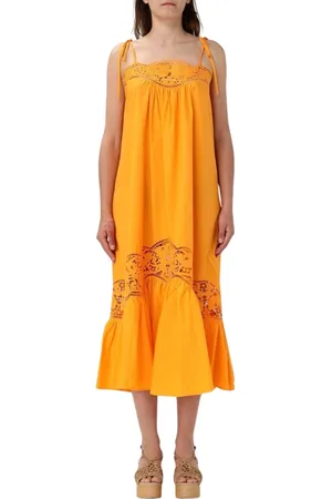 Twin-Set Kleedjes, Dames, Geel, S, Gele Kant Detail Midi Jurk