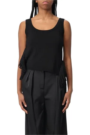 SIMONA CORSELLINI Tops, Dames, Zwart, M, Zwarte Gebreide Tanktop met Franje