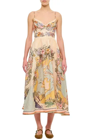 ZIMMERMANN Kleedjes, Dames, Veelkleurig, S, Linnen, Bloemenprint Linnen Midi Jurk