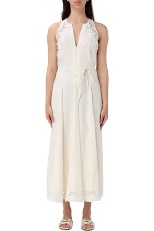 Twin-Set Kleedjes, Dames, Wit, XS, Katoen, Elegante Geel Room Midi Jurk
