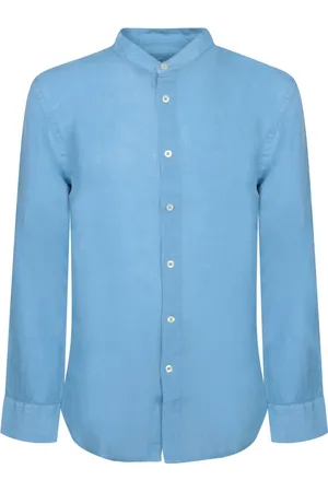 120% Lino Overhemden, Heren, Blauw, L, Linnen, Linnen overhemd met mandarijn kraag