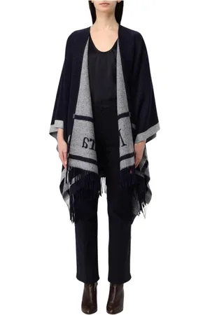 Max Mara Jassen, Dames, Blauw, ONE Size, Wol, Stijlvolle Fringed Poncho Cape