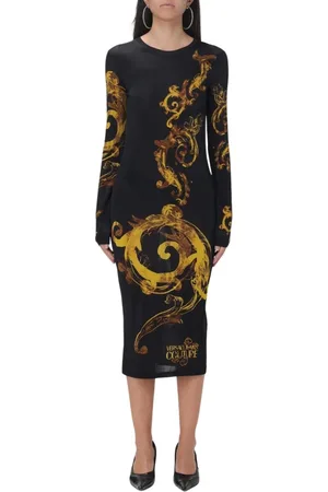 VERSACE Kleedjes, Dames, Zwart, S, Barok Print Midi Jurk