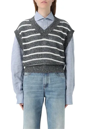 Brunello Cucinelli Truien, Dames, Blauw, M, Pailletten, Blauwe Paillet Gestreepte Gebreide Vest
