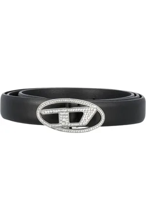Diesel Accessoires, Dames, Zwart, 80 CM, Leer, Kristallen Gesp Leren Riem Vrouw