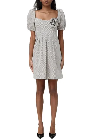 Elisabetta Franchi Kleedjes, Dames, Wit, S, Stijlvolle Midi Jurk met Gecincheerde Taille