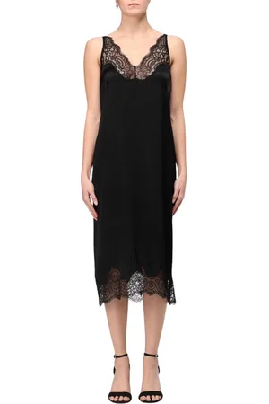 Twin-Set Kleedjes, Dames, Zwart, L, Zwarte zijden slipdress met kanten rand