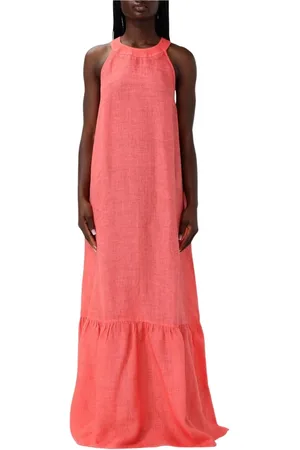 120% Lino Kleedjes, Dames, Rood, M, Linnen, Elegante Linnen Maxi Jurk Gerende Rok
