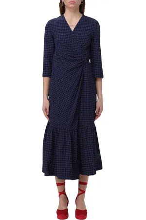 Ganni Kleedjes, Dames, Blauw, XS, Katoen, Blauwe Gingham Wrap Jurk Met Gerimpelde Rok