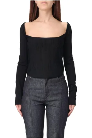 MUGLER Tops, Dames, Zwart, M, Zwart Geribbelde Vierkante Hals Top
