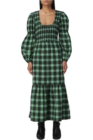Ganni Kleedjes, Dames, Groen, S, Katoen, Groene Smocked Midi Jurk Met Gerende Rok