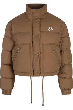 Moncler Jassen, Dames, Bruin, M, Leer, Bruine donsjas met polyamide voering