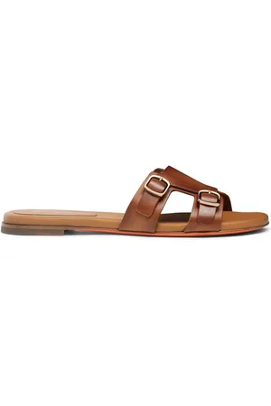 santoni Schoenen, Dames, Bruin, 35 EU, Leer, Leren sandaal met dubbele gesp voor dames