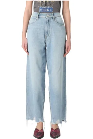 Pinko Jeans, Dames, Blauw, W24, Katoen, Stijlvolle Wide Leg Jeans met Rauwe Zoom