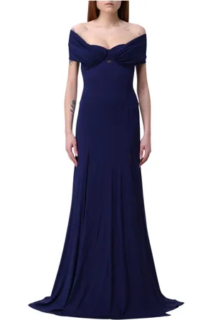 Elisabetta Franchi Kleedjes, Dames, Blauw, XL, Polyester, Zwarte Off-Shoulder Maxi Jurk