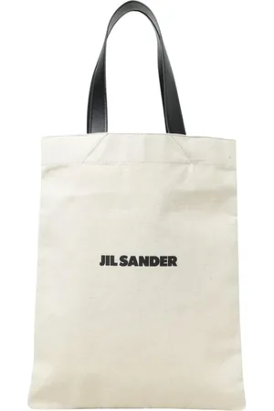Jil Sander Tassen, Dames, , ONE Size, Leer, Witte Canvas Tote Tas met Leren Handvatten